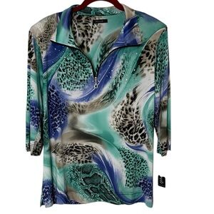 Klaveli Blue and Green 3/4 Sleeve Blouse. NWT